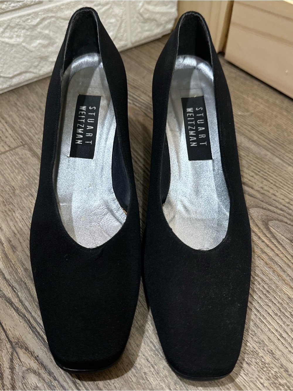 Stuart Weitzman Black Fabric Square Toe Block Heel Pumps Women’s Size 7.5W Black
